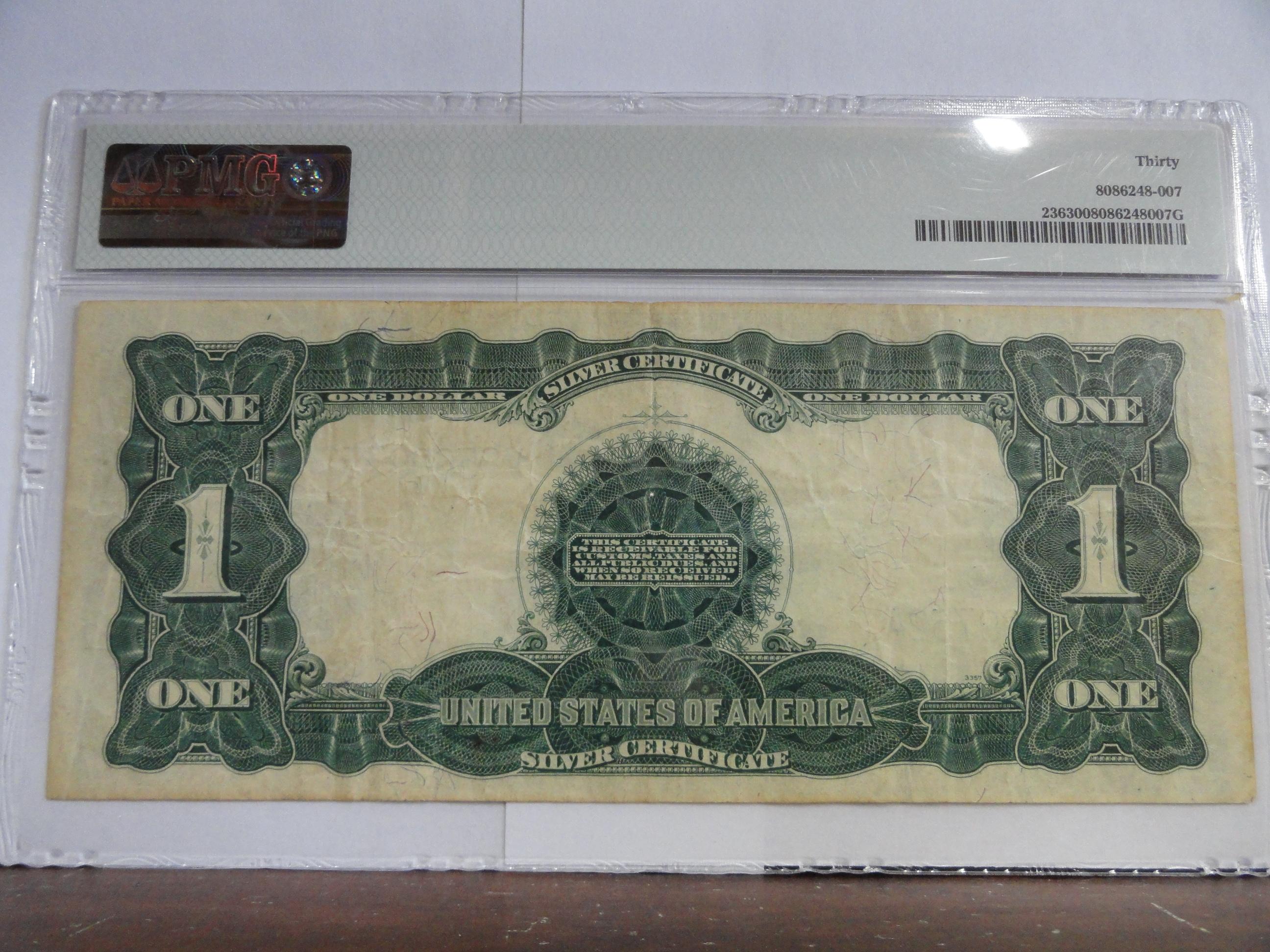 PMG GRADED 30 VERY FINE 1899 $1 SILVER CERTIFICATE,