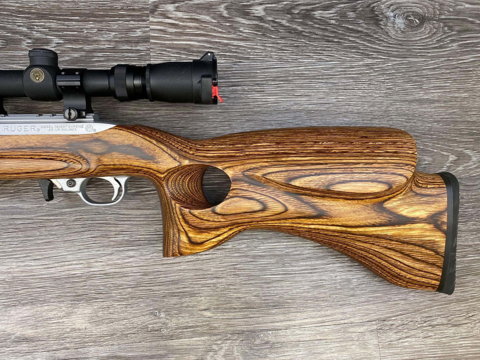 CUSTOM RUGER 10/22 .17HM2 CAL. SEMI-AUTO CARBINE W/ THUMBHOLE STOCK & SIMMONS SCOPE.