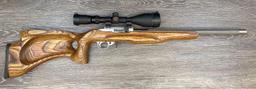 CUSTOM RUGER 10/22 .17HM2 CAL. SEMI-AUTO CARBINE W/ THUMBHOLE STOCK & SIMMONS SCOPE.