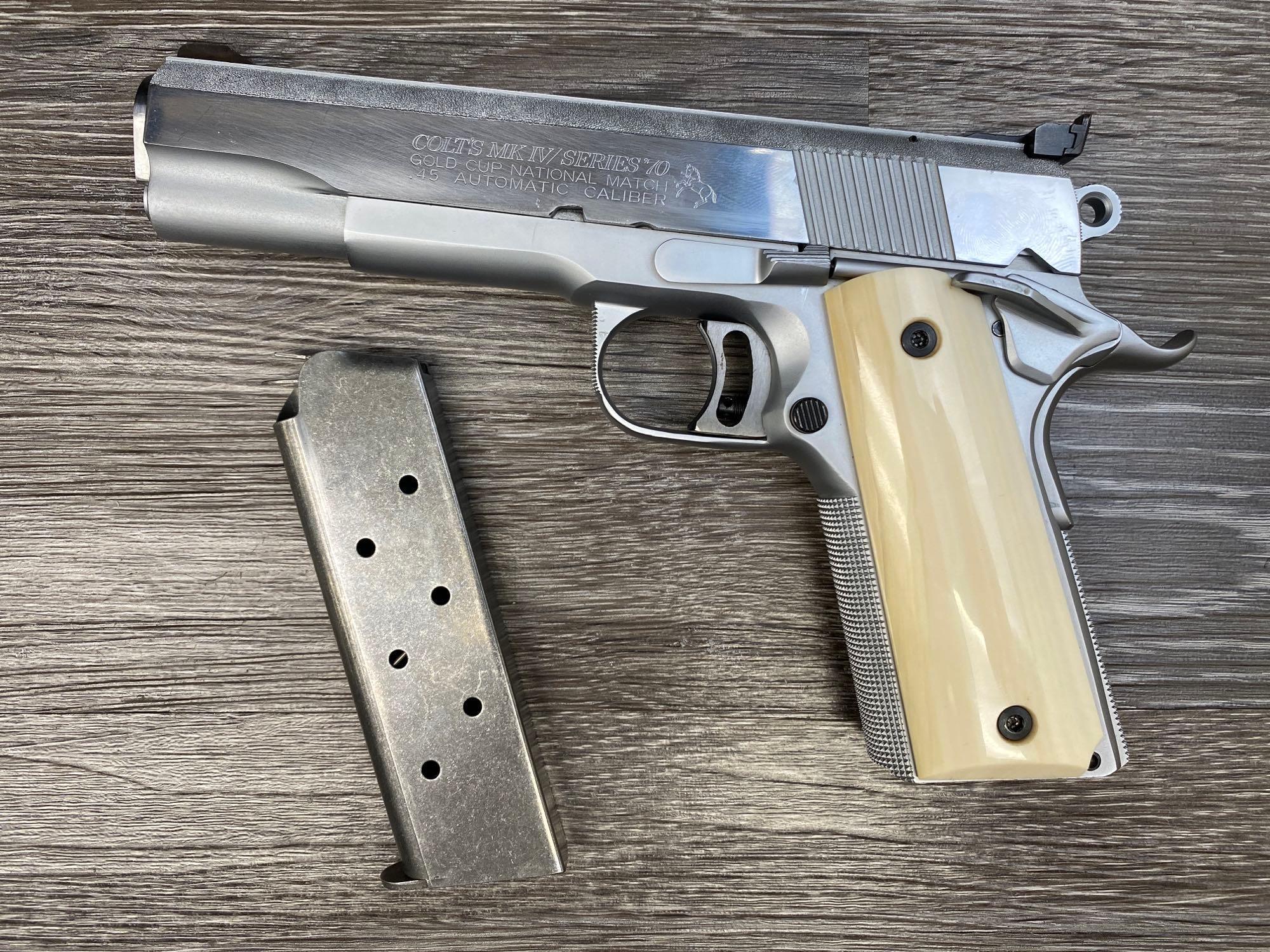 CASED COLT 1911 STAINLESS GOLD CUP NATIONAL MATCH .45 SEMI-AUTO PISTOL