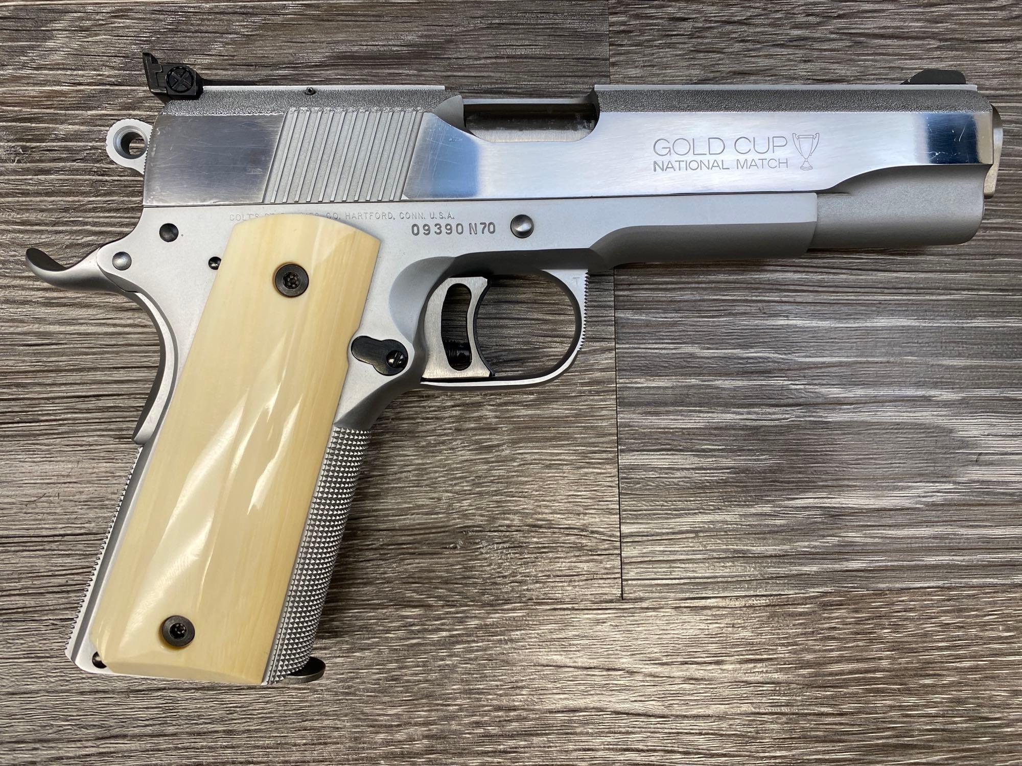 CASED COLT 1911 STAINLESS GOLD CUP NATIONAL MATCH .45 SEMI-AUTO PISTOL