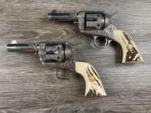 ITALIAN COPY PAIR OF ENGRAVED COLT SAA REVOLVERS W/FANCY HOLSTER RIG.