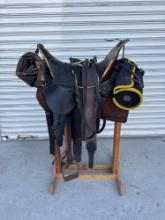ANTIQUE MILITARY SADDLE & ACCESSORIES (WOODEN STAND NOT INCLUDED)