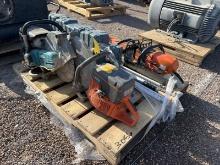 LOT OF ASST CHOP SAWS, HAND TOOLS AND SURVEYING EQUIPMENT