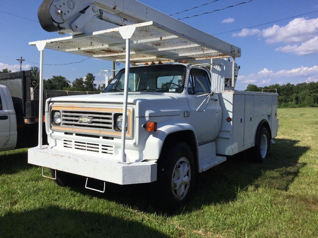 1983 CHEV C70 BUCKET TRUCK (5SPD/2SPD, 366 BIG BLOCK GAS, TECP 45' BOOM. 12' BAKER UTILITY BED,