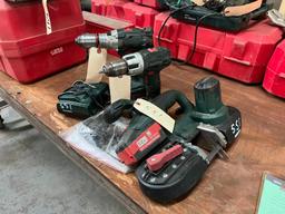 METABO 18V POWER TOOLS (2 DRILLS, BAND SAW, 3 BATTERIES AND CHARGER)