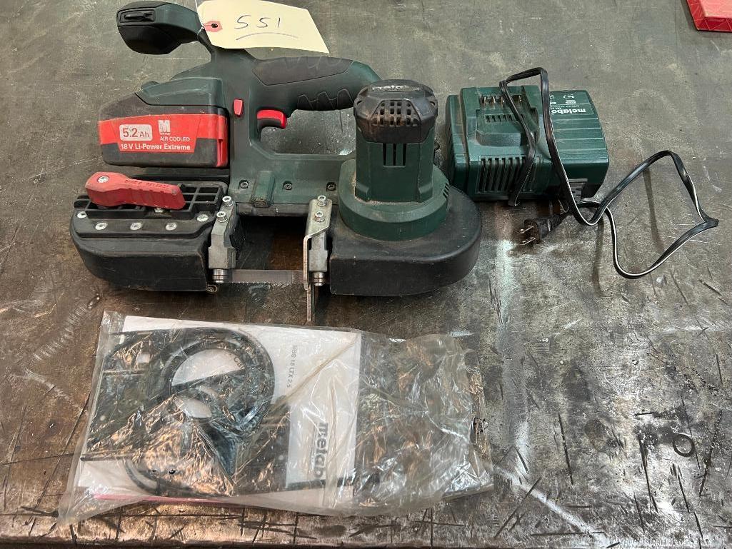 METABO 18V POWER TOOLS (2 DRILLS, BAND SAW, 3 BATTERIES AND CHARGER)