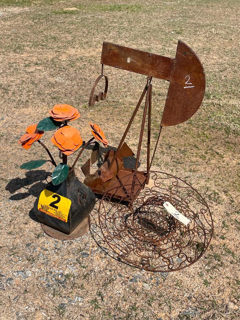 3PC METAL YARD ART (FLOWER, OIL RIG, SOMBRERO)