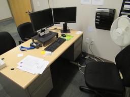 CONTENTS OF OFFICE - DESK, CHAIRS, BOOKCASES, FILE CABINET & (2) LENOVO MONITORS