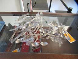 ASSORTED ANTIQUE SILVERWARE FORKS, KNIVES, SPOONS