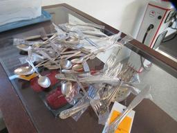 ASSORTED ANTIQUE SILVERWARE FORKS, KNIVES, SPOONS