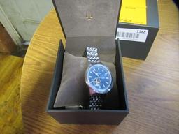 BULOVA MEN'S WRIST WATCH, STAINLESS FINISH, AUTO WIND, VISUAL BLUE FACE
