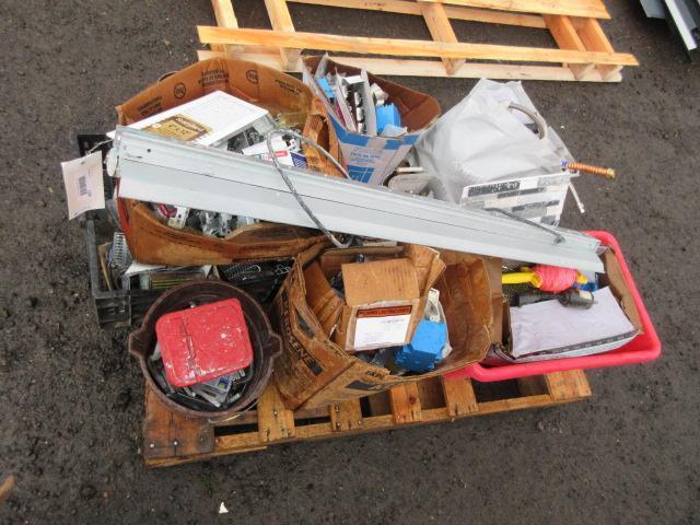 ASSORTED NAILS/SCREWS/STAPLES/METAL HOSES/WALL BRACKETS, & LIGHT