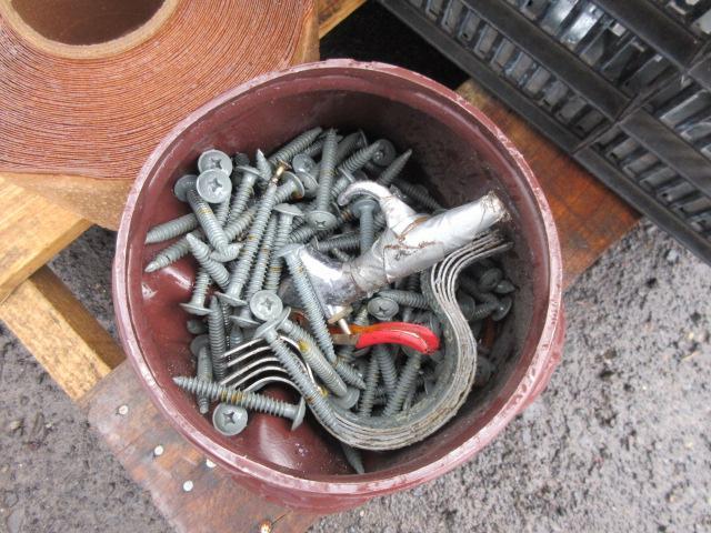 ASSORTED NAILS/SCREWS/STAPLES/METAL HOSES/WALL BRACKETS, & LIGHT