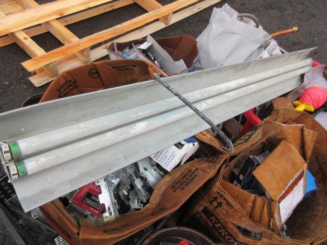 ASSORTED NAILS/SCREWS/STAPLES/METAL HOSES/WALL BRACKETS, & LIGHT