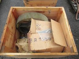 WOODEN TOTE OF ASSORTED LARGE GEARS