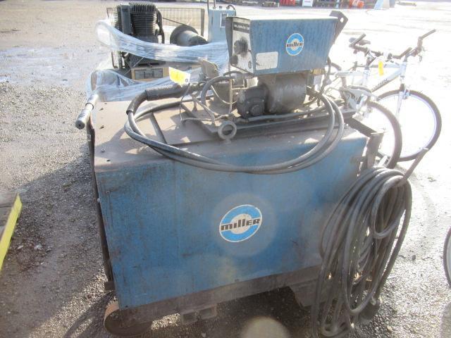 MILLER CP-25 TS 3 PHASE WELDER, MILLERMATIC 30E WIRE FEEDER W/ LEADS, BERNARD GUN, & WELDING CART