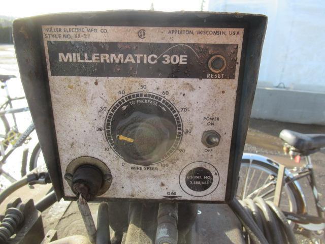 MILLER CP-25 TS 3 PHASE WELDER, MILLERMATIC 30E WIRE FEEDER W/ LEADS, BERNARD GUN, & WELDING CART