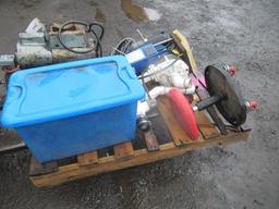 SHOP STOOL, AIR COMPRESSOR, JACUZZI PUMP W/ FILTER, & ASSORTED SAFETY HARNESSES