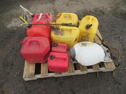 BACKPACK SPRAYER & (8) ASSORTED GAS CANS