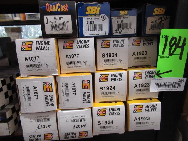 CONTENTS OF SHELF - ASSORTED CONNECTING ROD BOLTS, DOWEL PINS, CYLINDER HEAD VALVES, ROCKER ARMS &