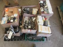 ASSORTED ELECTRICAL RELAYS, TIMERS, TERMINALS, MOTORS, FAN MOTORS, THERMOSTATS, CONTROL SWITCHES, &