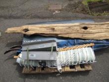 GOLD BUDDY PROSPECTING BOX, HAMMOCK, LARGE PIECE OF DRIFTWOOD, & SET OF HEXCEL SKIS