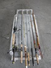 (7) ASSORTED RHINO, LAMIGLAS, SHAKESHERE, BERKLEY, STRIKER & QUANTUM FISHING POLES & (3) REELS