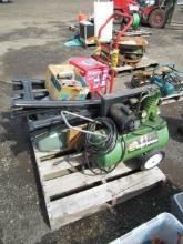 COMPRESSOR, HAND TRUCK, & ASSORTED SAWHORSES & HAND TOOLS