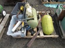 COMPRESSOR, AIR TANK, PROPANE BURNER, & ASSORTED HAND TOOLS