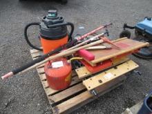 SHOP VAC, GAS CAN, FOLDABLE TABLE, PICKAXE, HOE, POLE SAW, (2) AXES, & ASSORTED TOOLBOXES