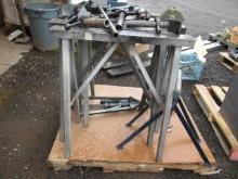 MAGNET SQUARE, PIPE STAND & ROLLER HEADS, (4) STEEL SAWHORSES, & (2) ROLLER STANDS