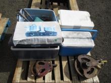 DOUBLE BURNER HOT PLATE, (2) PULLEYS, (3) COOLERS, & ASSORTED HAND TOOLS