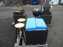 OUTDOOR FURNITURE & BBQ SET, INCLUDING CHARCOAL GRILL, TABLE W/ GLASS TOP, STOOLS & CHAIRS, & (5)