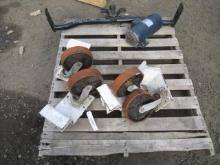 (4) HEAVY DUTY CASTERS, GMC TRAILER HITCH, & LEESON 1HP ELECTRIC MOTOR