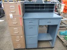 4-DRAWER STEEL DESK & 5-DRAWER FILE CABINET ON CASTERS