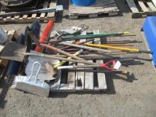 SLEDGE HAMMER, PICKAXE, & ASSORTED SHOVELS & SHOP BROOMS