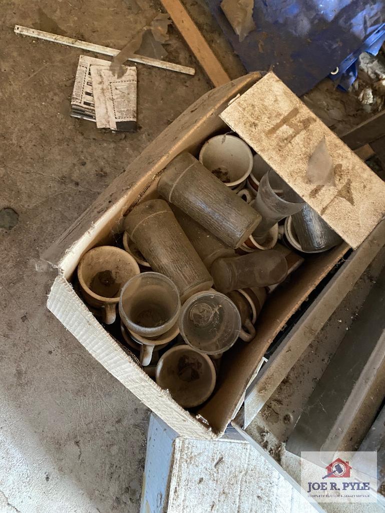 Contents of shed: Barware, glassware, Banquet SS servers, racks, wood table, etc