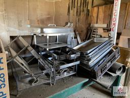 Contents of shed: Barware, glassware, Banquet SS servers, racks, wood table, etc