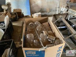 Contents of shed: Barware, glassware, Banquet SS servers, racks, wood table, etc