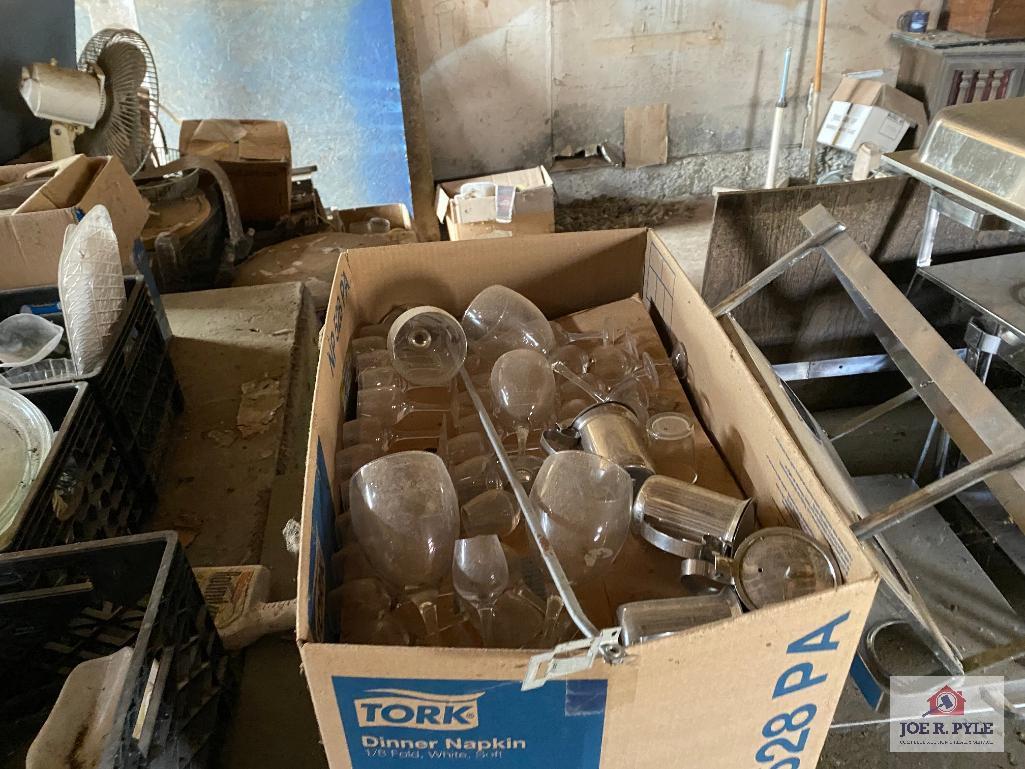 Contents of shed: Barware, glassware, Banquet SS servers, racks, wood table, etc