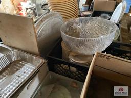 Contents of shed: Barware, glassware, Banquet SS servers, racks, wood table, etc