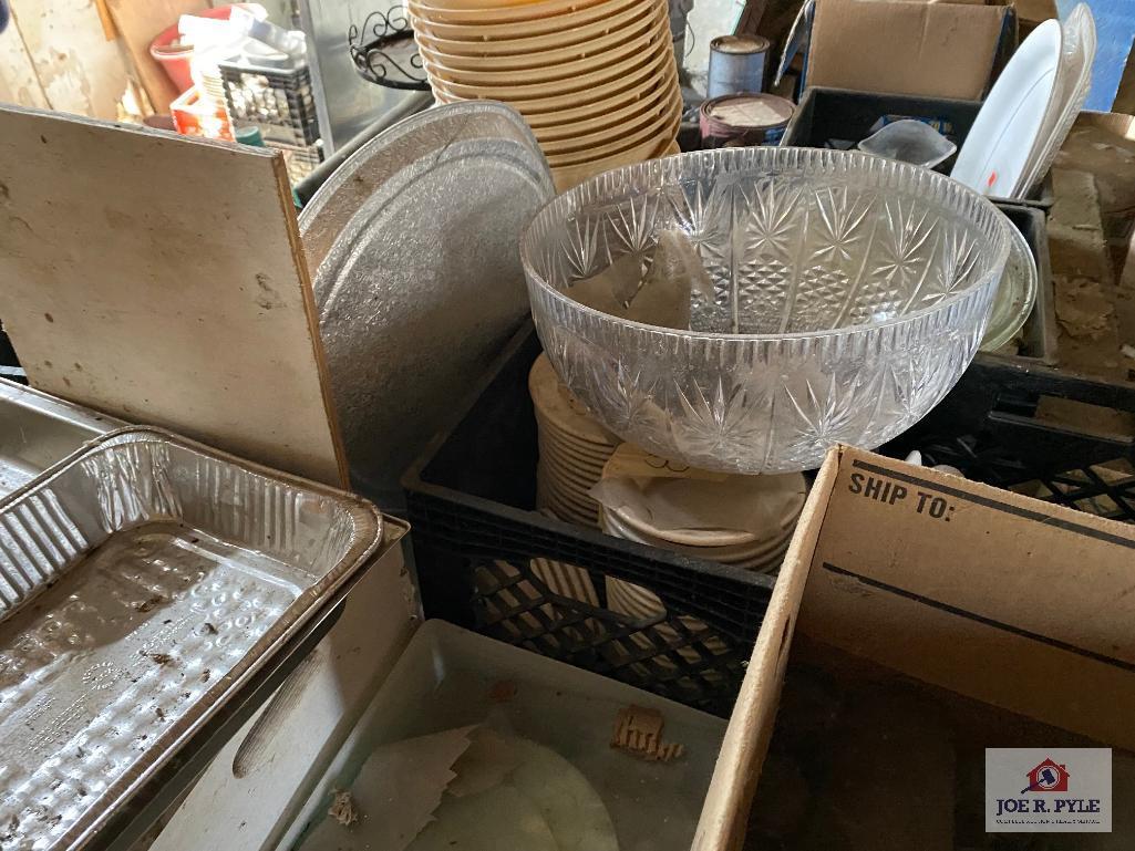 Contents of shed: Barware, glassware, Banquet SS servers, racks, wood table, etc