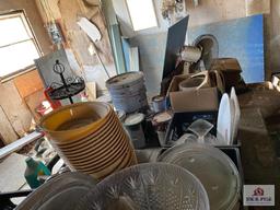 Contents of shed: Barware, glassware, Banquet SS servers, racks, wood table, etc