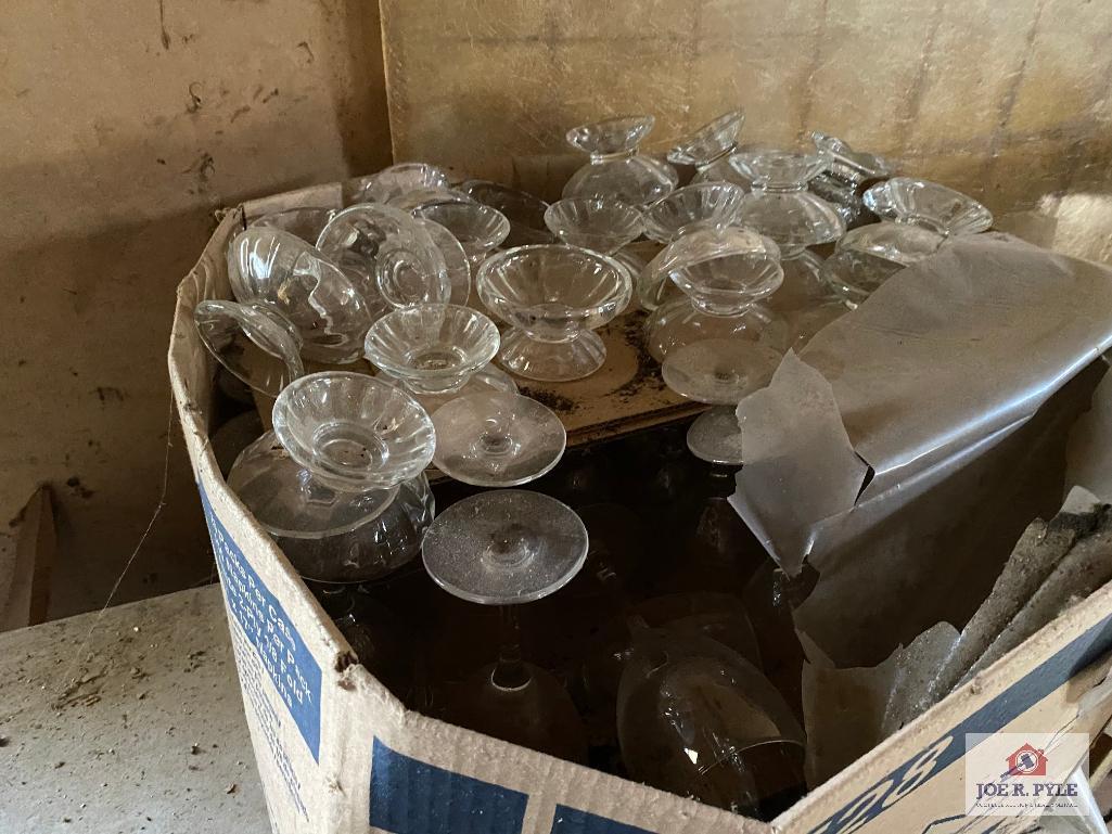 Contents of shed: Barware, glassware, Banquet SS servers, racks, wood table, etc