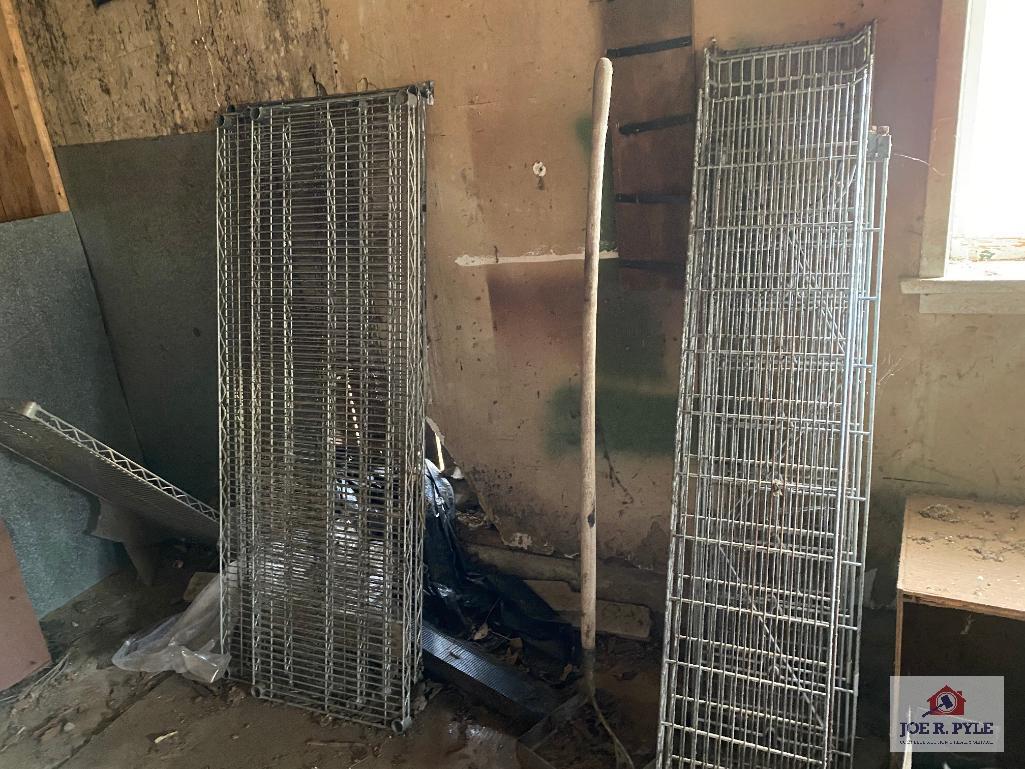 Contents of shed: Barware, glassware, Banquet SS servers, racks, wood table, etc