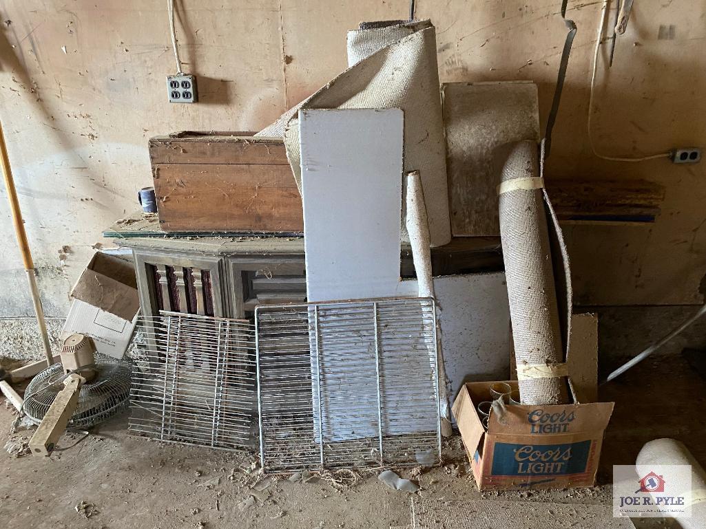 Contents of shed: Barware, glassware, Banquet SS servers, racks, wood table, etc