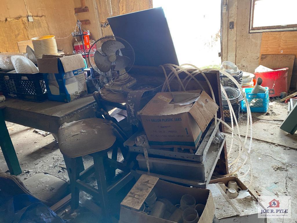 Contents of shed: Barware, glassware, Banquet SS servers, racks, wood table, etc