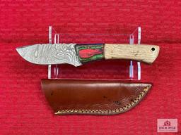 [210] Damascus fixed blade hunting knife w/leather sheath