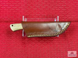 [210] Damascus fixed blade hunting knife w/leather sheath